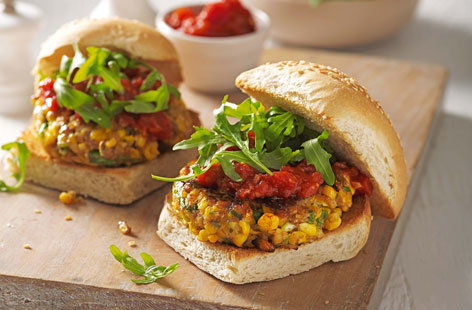 Sweetcorn and chickpea burgers with smoky tomato sauce