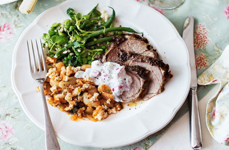 Slow-roasted Greek-style lamb with radish and mint tzatziki