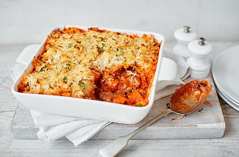 This healthy shepherd's pie is topped with a deliciously crunchy sweet potato, parsnip and parsley rosti