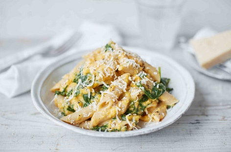 With a rich and creamy butternut squash sauce, wholemeal pasta and nourishing spinach, this healthy pasta recipe makes an ideal hearty family meal