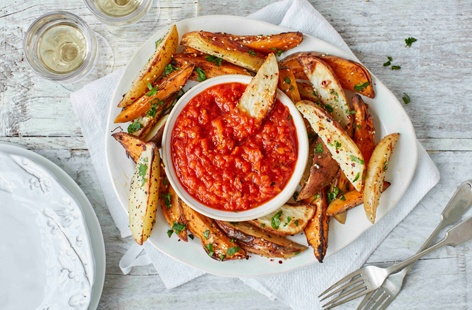 For a healthy snack, try this fiery chilli and poppy seed potato chip dish, served with a smoky pepper dip for a delicious gluten and dairy-free treat.