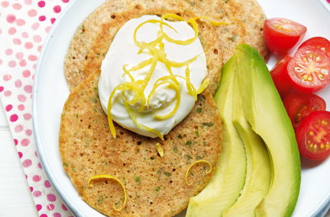 Pancakes don't just have to be for breakfast. These savoury pancakes work just as well as a quick and healthy dinner. To serve, arrange four pancakes on a plate with some sliced avocado and tomatoes. Top with a dollop of the lemon cream cheese and scatter with a little extra lemon zest.